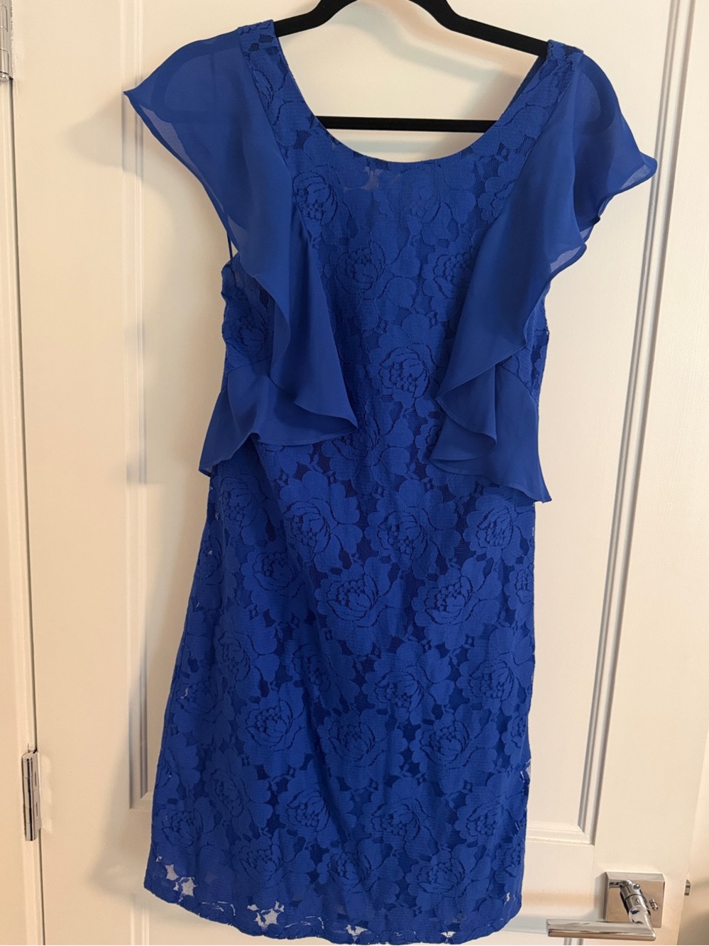 Gabby Skye Cobalt Blue Lace Midi Dress with Chiffon Flutter Sleeves